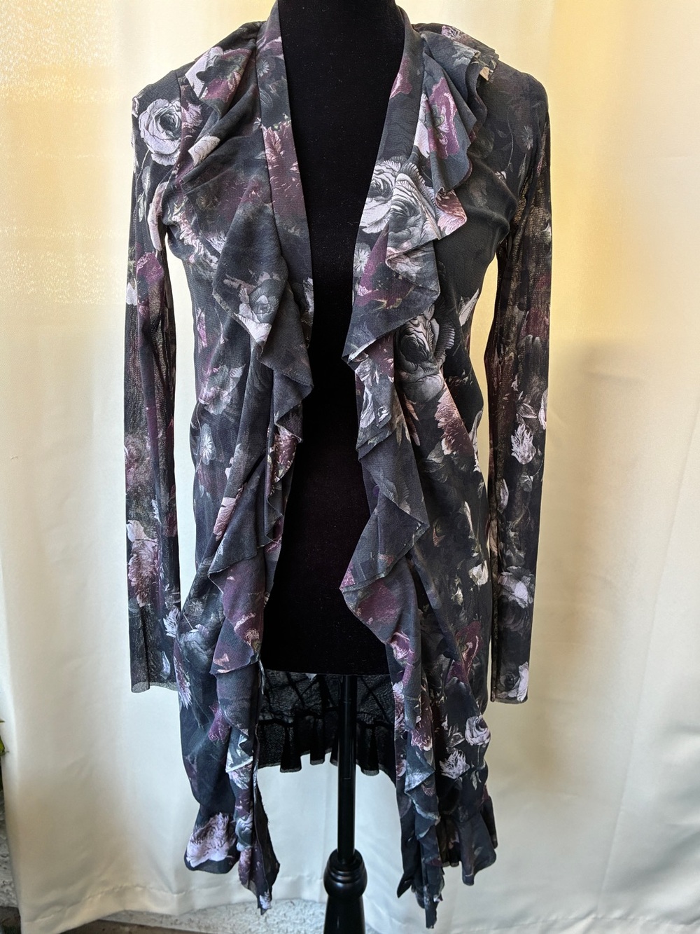Fuzzi Sheer Black Floral Ruffled Open Front Mesh Tulle Cardigan